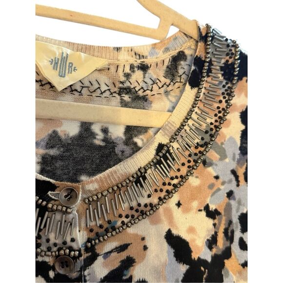 Anthropologie HWR Monogram Beaded Collar Crop Cardigan Sweater Abstract Pattern - Picture 10 of 14